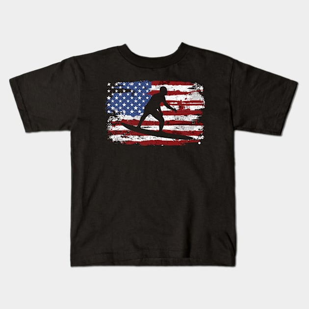 Surfing American Flag Vintage Kids T-Shirt by CreativeGiftShop